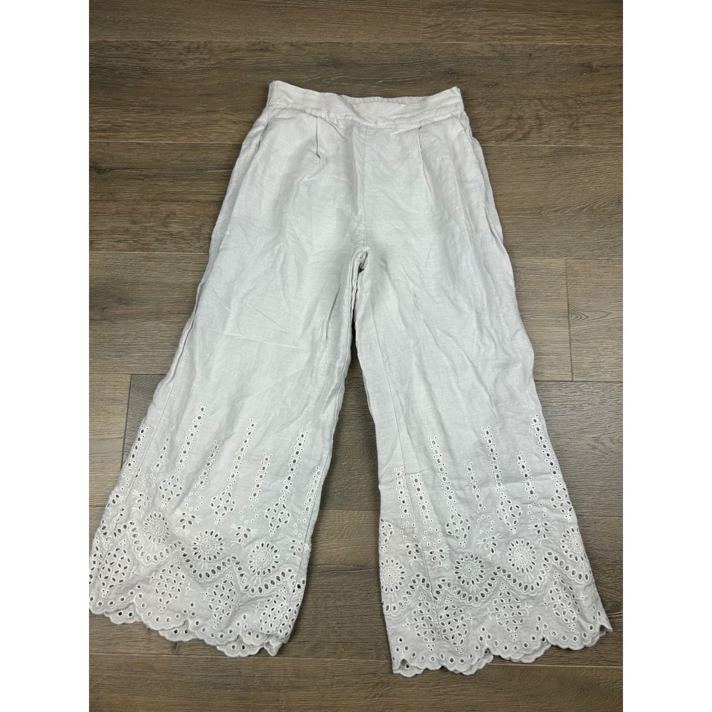 Magaschoni White 100% Linen Eyelet Hem Wide Leg Crop Pants XS